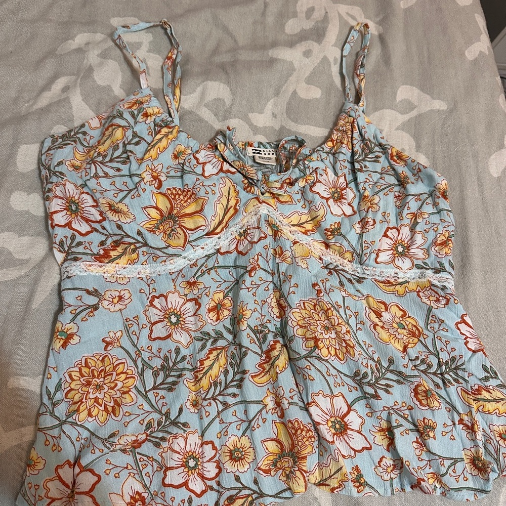 flowy billabong Floral Spaghetti Strap Tank Top - Light Blue & Yellow